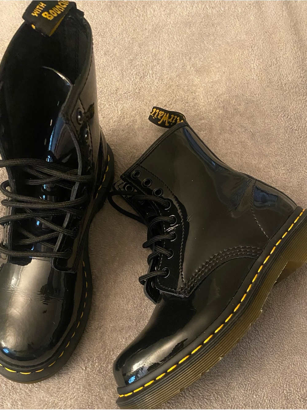 Dr. Martens Kids Black Patent Lace-Up Combat Boots with Yellow Stitching